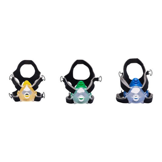 Mascarillas Vygon CPAP Boussignac Eagle 1 en tallas chica (amarillo), mediana (verde) y grande (azul) con arnés de tela, sobre blanco