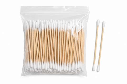 Imagen ilustrativa optimizada: FARA aplicadores de madera con algodón, bolsa con 100 piezas, no estériles, sobre fondo blanco