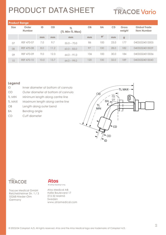 Ficha técnica TRACOE Vario Extract REF 470: tabla de medidas REF 470-08, ID 8.0 mm y OD 11.2 mm