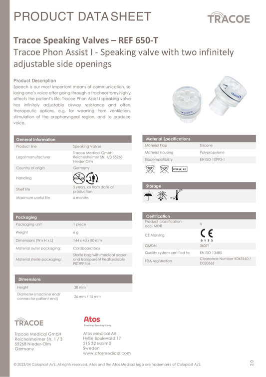 Ficha técnica TRACOE Phon Assist I REF 650-T: 1 pieza, conector 15 mm, empaque estéril y vida útil de 6 meses