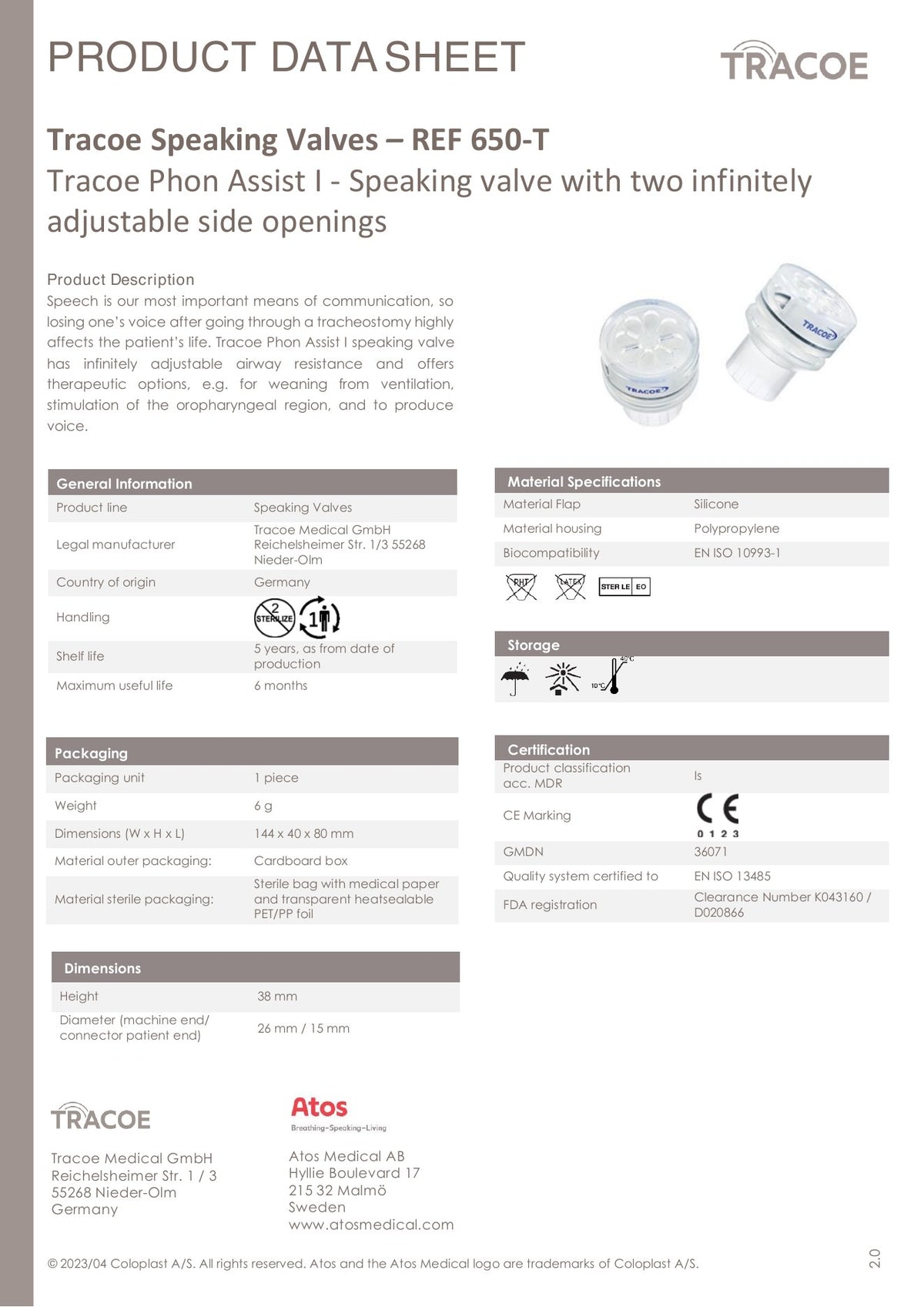 Ficha técnica TRACOE Phon Assist I REF 650-T: 1 pieza, conector 15 mm, empaque estéril y vida útil de 6 meses