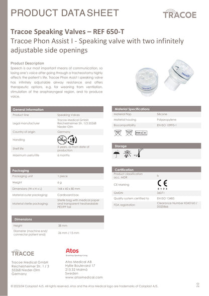 Ficha técnica TRACOE Phon Assist I REF 650-T: 1 pieza, conector 15 mm, empaque estéril y vida útil de 6 meses