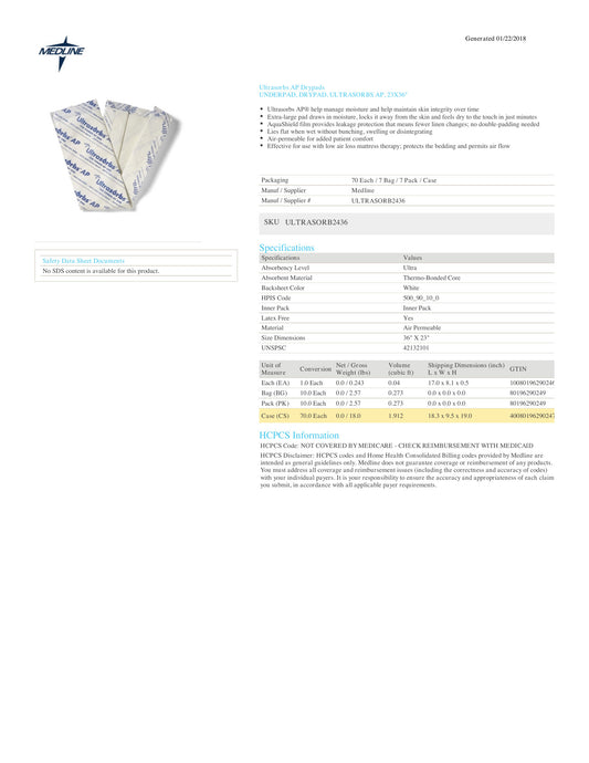 Ficha Medline ULTRASORB2436: cubrecama Ultrasorbs AP 23 × 36 pulgadas, 10 por bolsa y 70 por caja