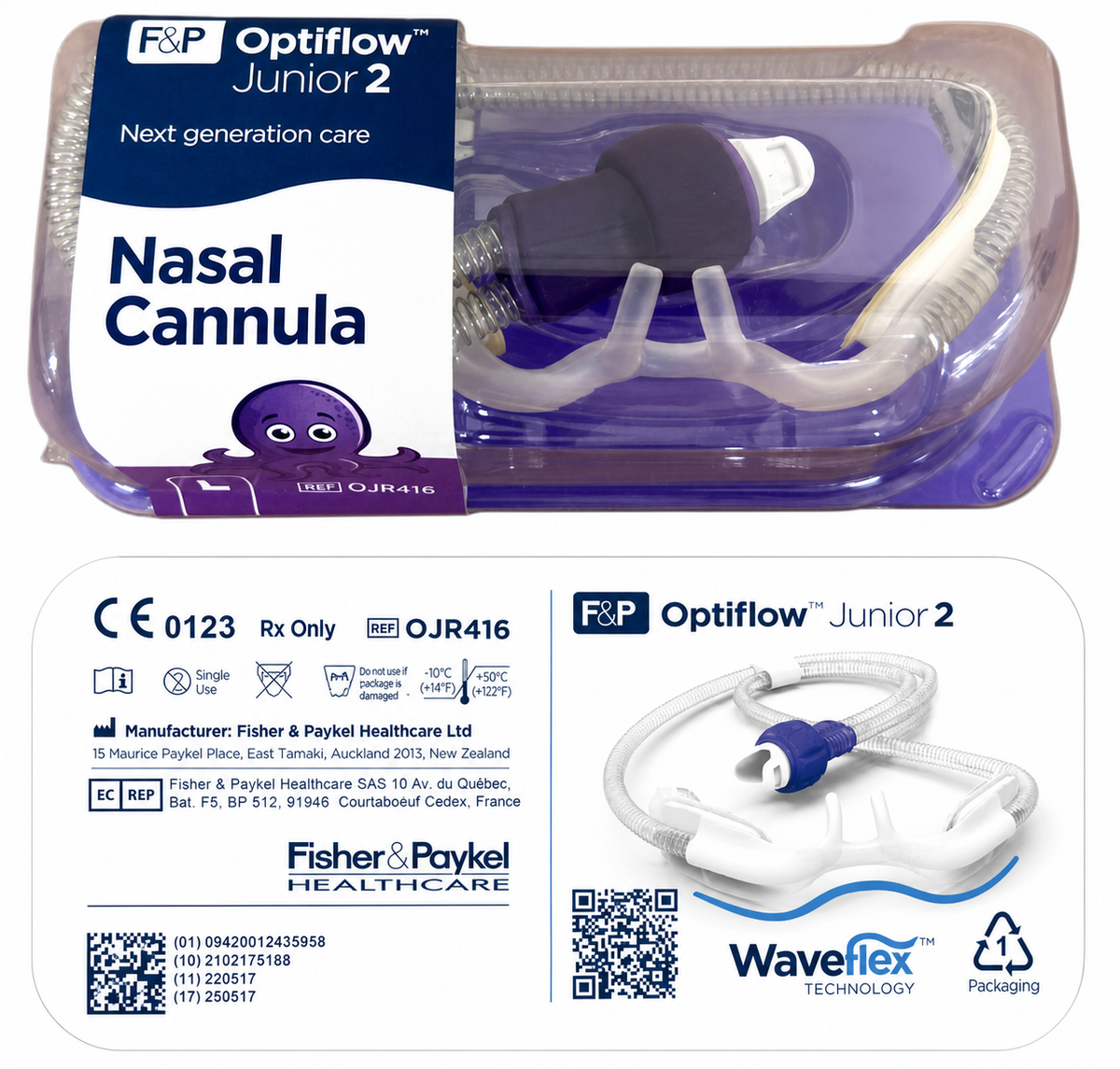 Empaque de cánula nasal Fisher & Paykel Optiflow Junior 2 OJR416, talla grande L, sobre fondo blanco