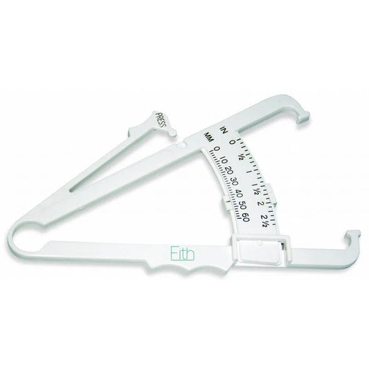 Plicómetro manual Fith BF01 blanco y completo, con la marca Fith, palanca PRESS y carátula en milímetros y pulgadas.