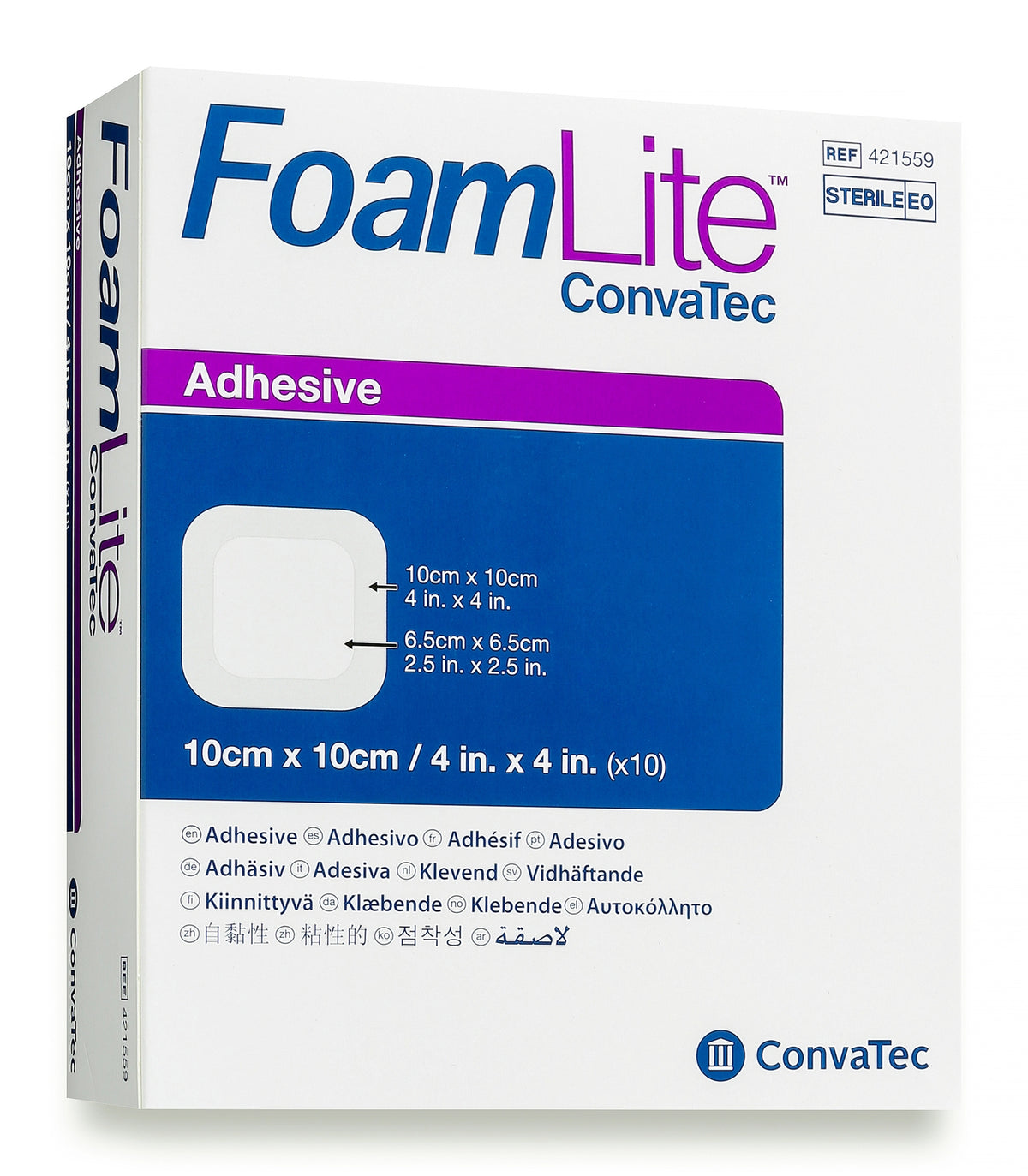 Caja ConvaTec Foam Lite REF 421559, 10 apósitos de 10 × 10 cm sobre fondo blanco