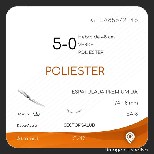 Atramat poliéster USP 5-0 verde, doble aguja EA-8 de 8 mm, 45 cm