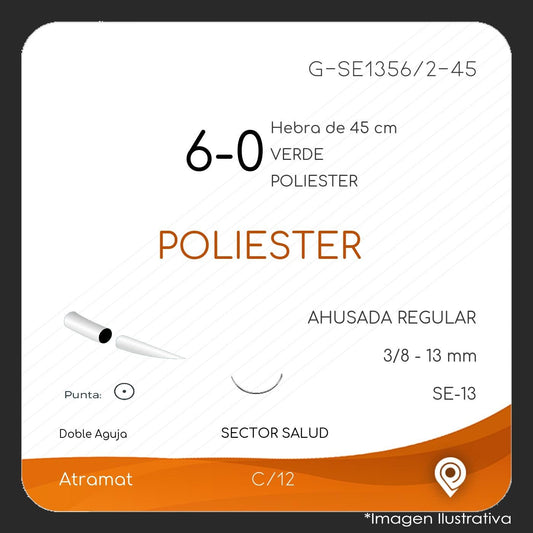 Atramat poliéster USP 6-0 verde, doble aguja SE-13 de 13 mm, 45 cm
