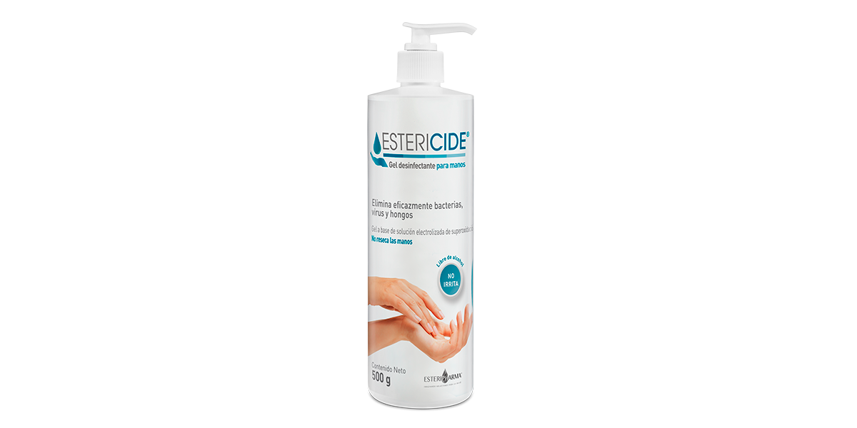 Frasco Estericide gel desinfectante para manos 500 g con aplicador, SES sin alcohol, sobre fondo blanco