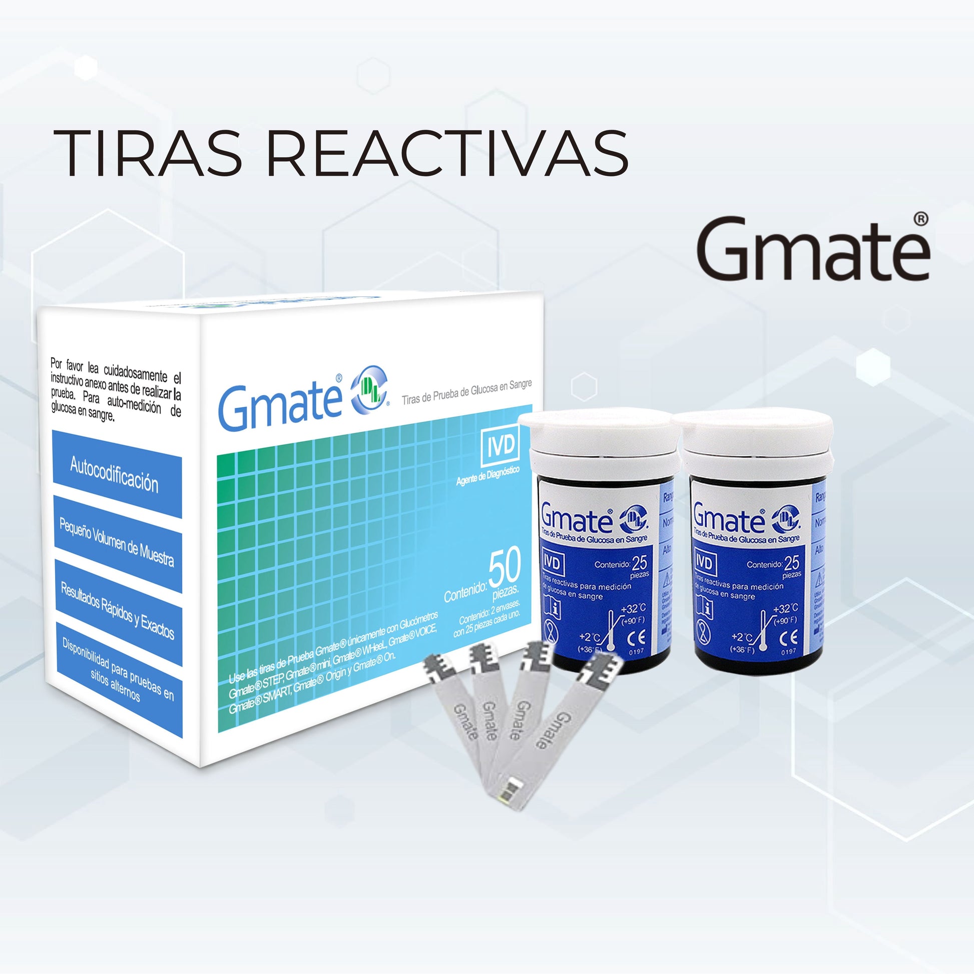 Gmate tiras reactivas para glucosa, caja con 50 en dos frascos de 25