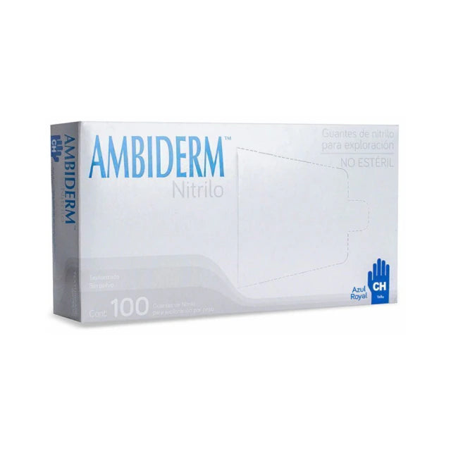 Caja Ambiderm Nitrilo azul royal talla chica, 100 guantes