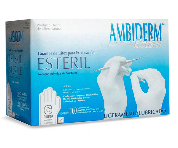 Caja Ambiderm Estéril de guantes de látex talla grande, 100 guantes