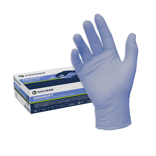 Halyard AQUASOFT guante de nitrilo azul sin polvo, talla mediana sobre fondo blanco