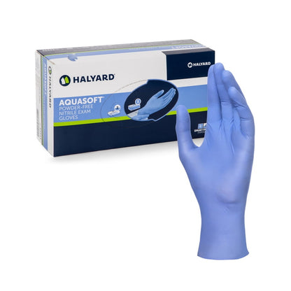 Caja de guantes de nitrilo azul Halyard Aquasoft junto a un guante, sobre fondo blanco