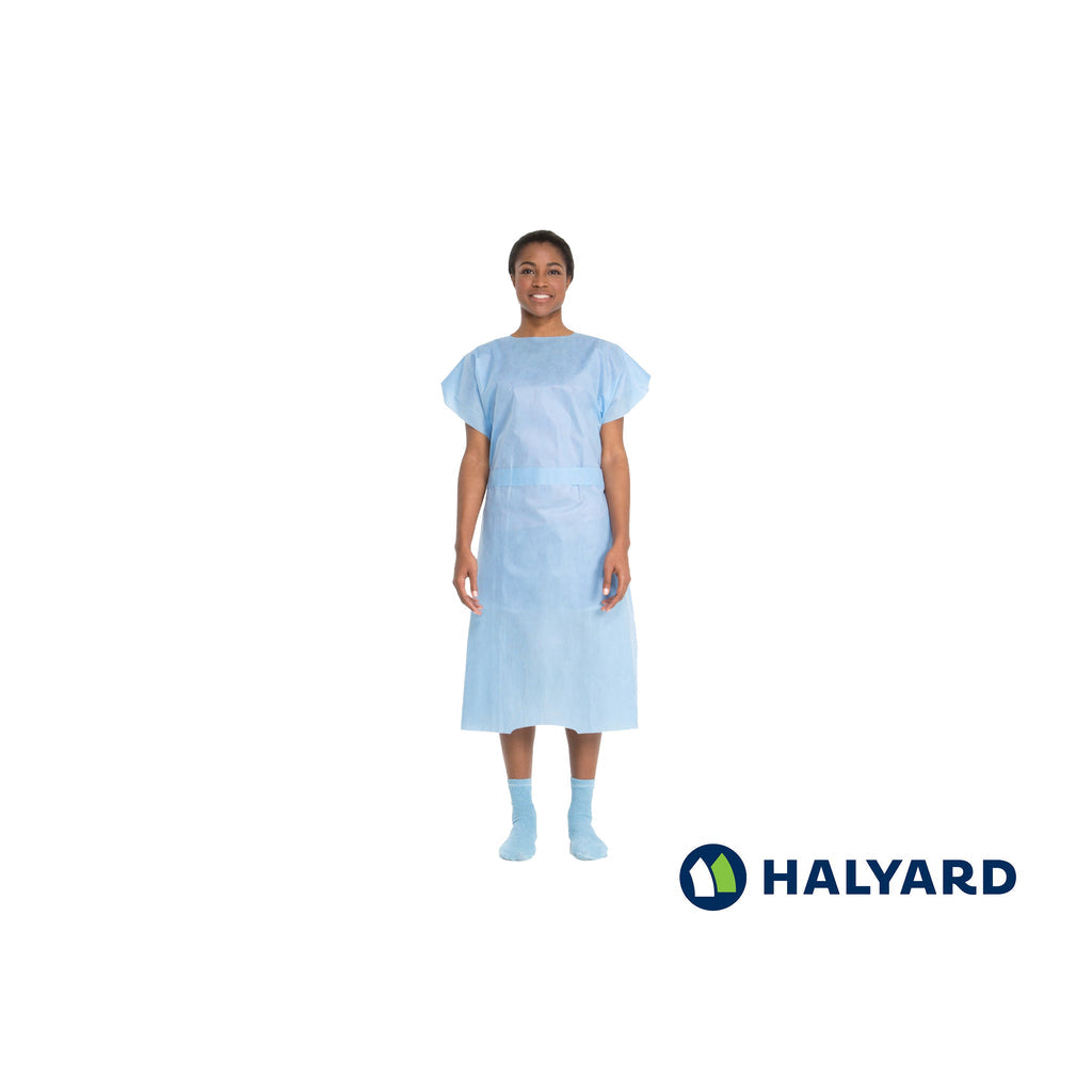 Bata para paciente Halyard 69766 azul de talla universal con ajuste a la cintura