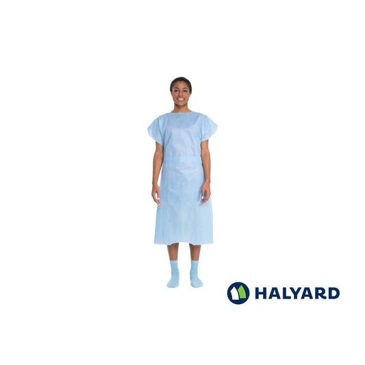 Bata para paciente Halyard 69766 azul de talla universal con ajuste a la cintura