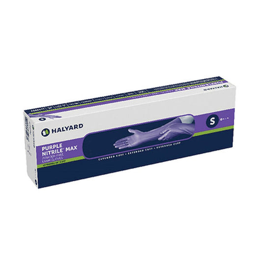 Caja Halyard Purple Nitrile Max talla chica, 50 guantes sobre fondo blanco