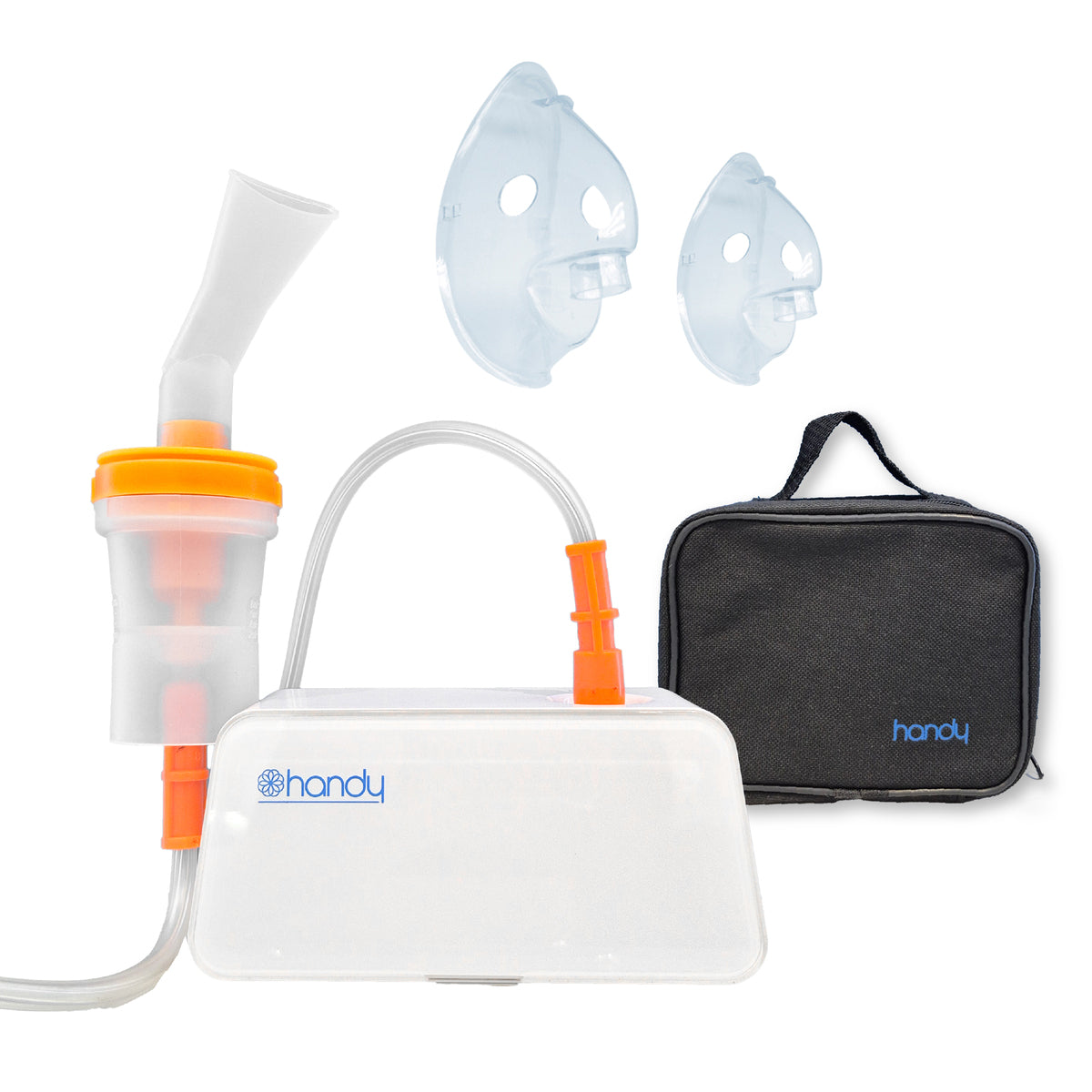 Nebulizador de pistón Handy 403D con taza, boquilla, tubo, dos mascarillas y estuche