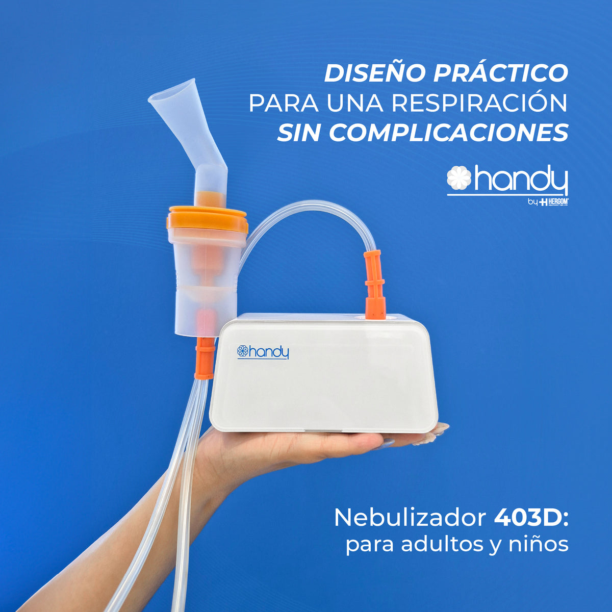 Nebulizador Handy 403D sostenido en la mano, con taza, boquilla y tubo