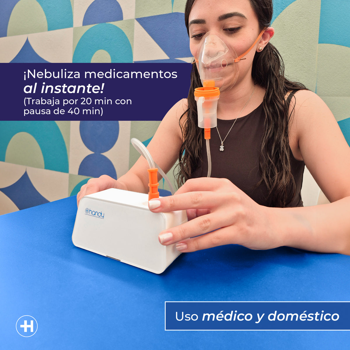 Uso del nebulizador Handy 403D con mascarilla y ciclo de 20 minutos de trabajo y 40 de pausa