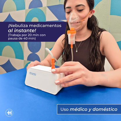 Uso del nebulizador Handy 403D con mascarilla y ciclo de 20 minutos de trabajo y 40 de pausa