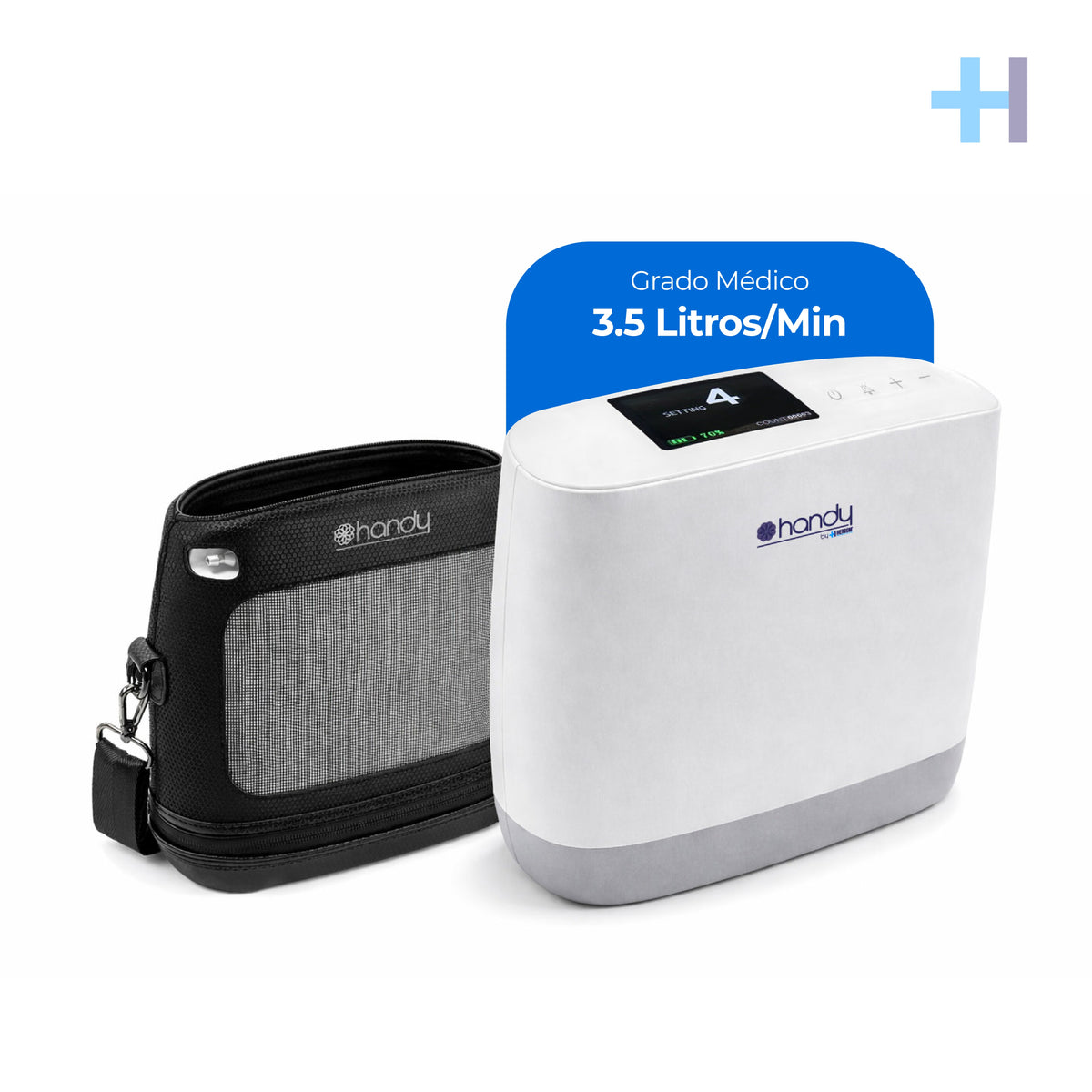 Concentrador portátil Handy 7F-7 con estuche de viaje, sobre fondo blanco
