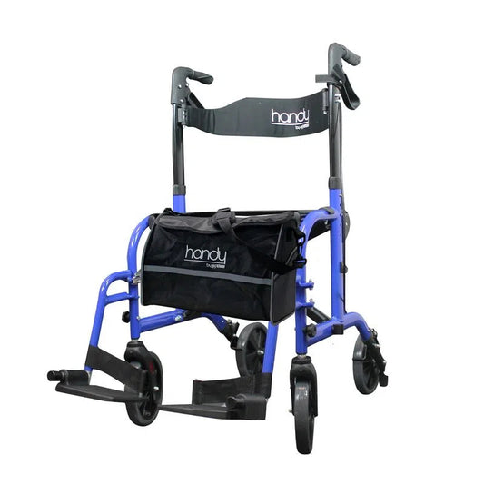 Andadera híbrida Handy AN08A azul completa, con asiento, respaldo, bolsa y ruedas