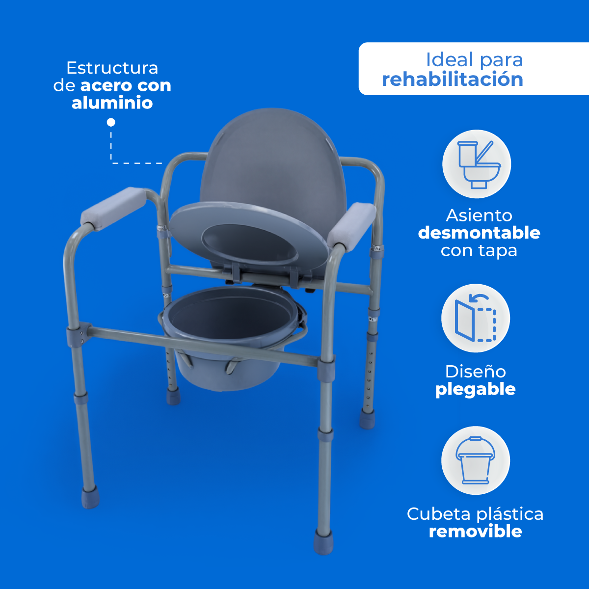Silla con inodoro plegable Handy AWC01 armada, estructura de acero con aluminio, asiento abierto y cubeta