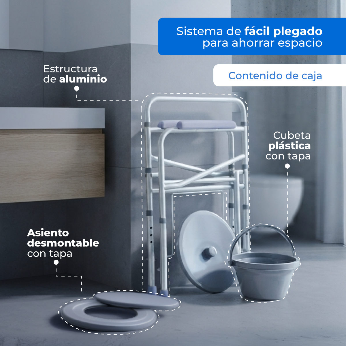 Handy AWC01 plegada, estructura de aluminio, asiento con tapa y cubeta plástica con tapa