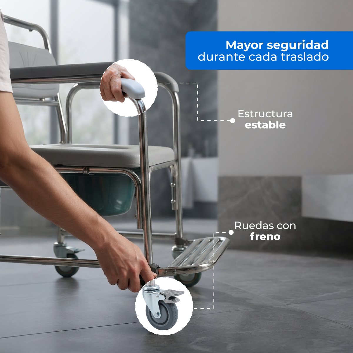 Rueda con freno y descansapiés de la silla Handy AWC03