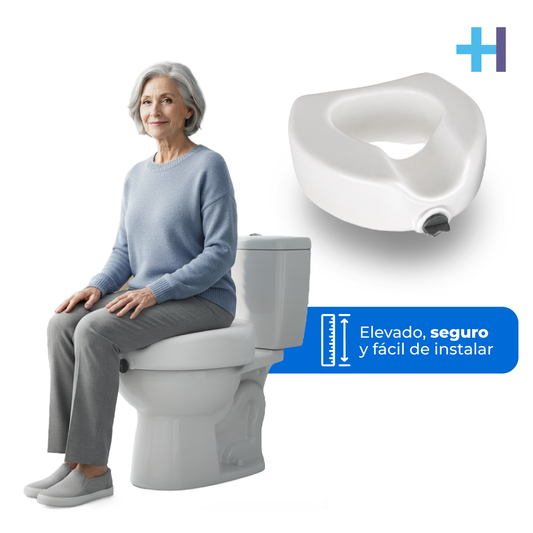 Asiento elevado Handy AWC04 blanco y completo, con perilla de fijación al costado. La persona y el inodoro de la imagen son ilustrativos.