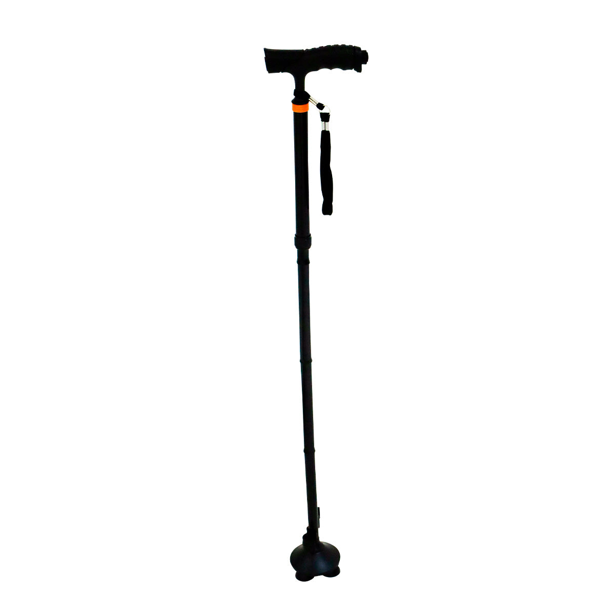 Bastón plegable Handy BSTEPXL negro, con mango en T, luz LED y base de cuatro apoyos, sobre fondo blanco