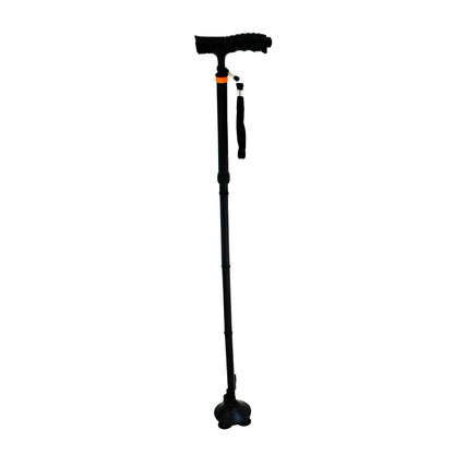 Bastón plegable Handy BSTEPXL negro, con mango en T, luz LED y base de cuatro apoyos, sobre fondo blanco