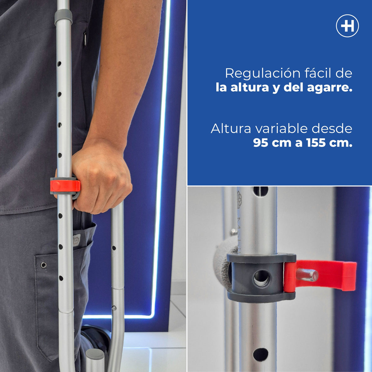 Regulación de altura de la muleta desmontable Handy MLT-D, de 95 a 155 cm
