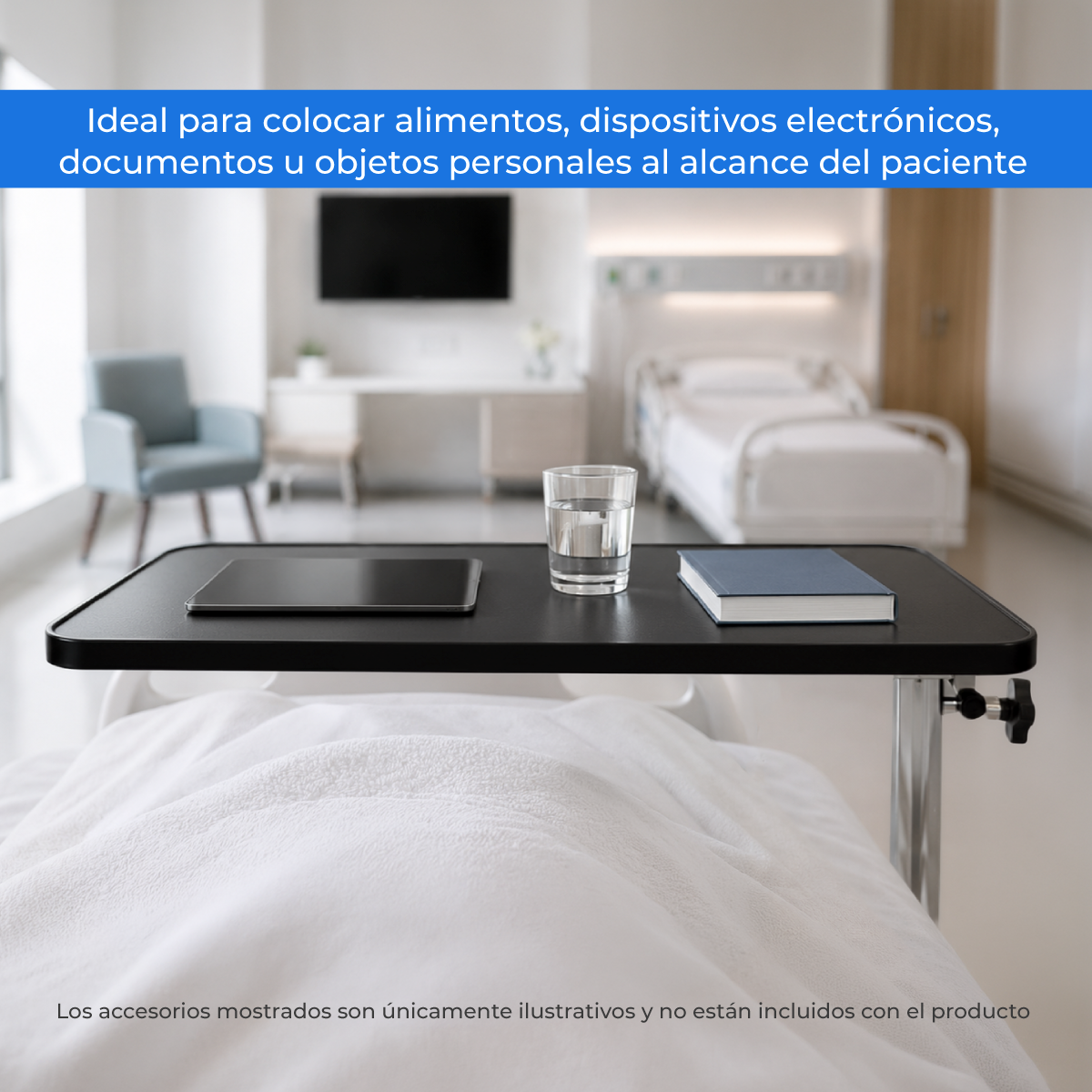 Cubierta de la mesa puente Handy MP; la cama y los objetos de la foto no vienen incluidos.