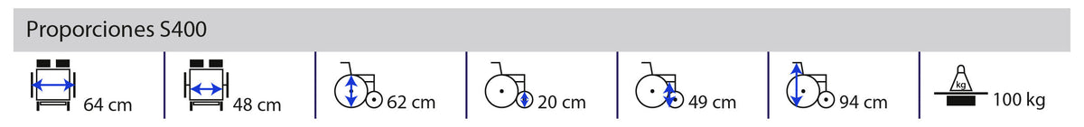 Gráfica Proporciones S400 del fabricante, con cifras en centímetros y 100 kg