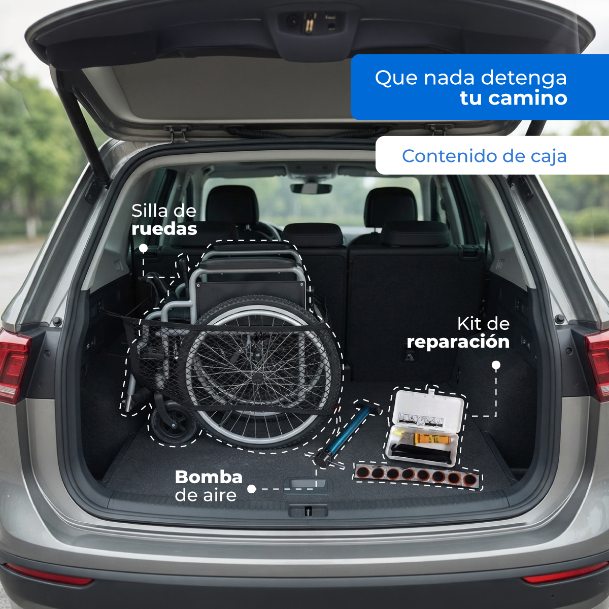 Contenido Handy S450: silla de ruedas, bomba de aire y kit de reparación