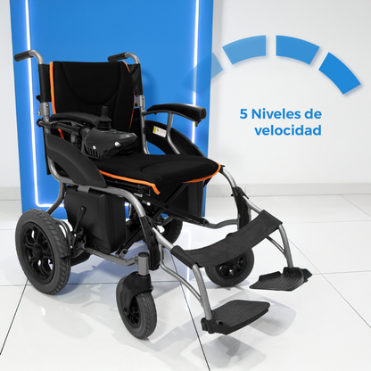 Silla de ruedas Handy S500 en tres cuartos, con la leyenda 5 niveles de velocidad