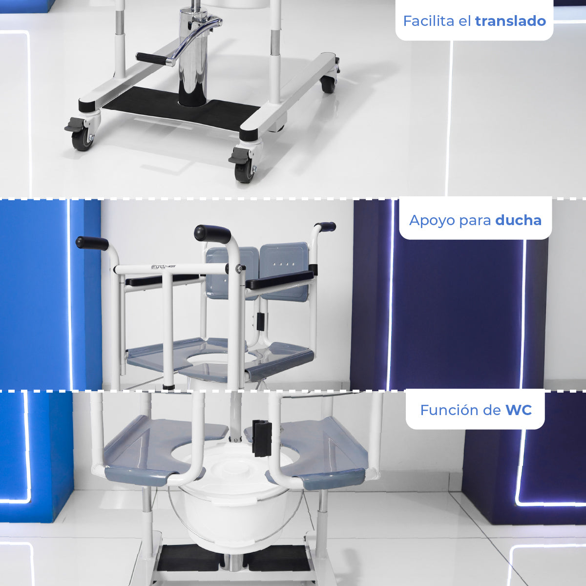 Silla Handy STWC01: base con ruedas, asiento con cómodo y apertura para WC