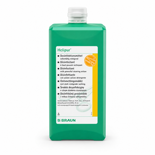 B. Braun Helipur H plus N 3891950, desinfectante de instrumentos en botella de 1 L, sobre fondo blanco