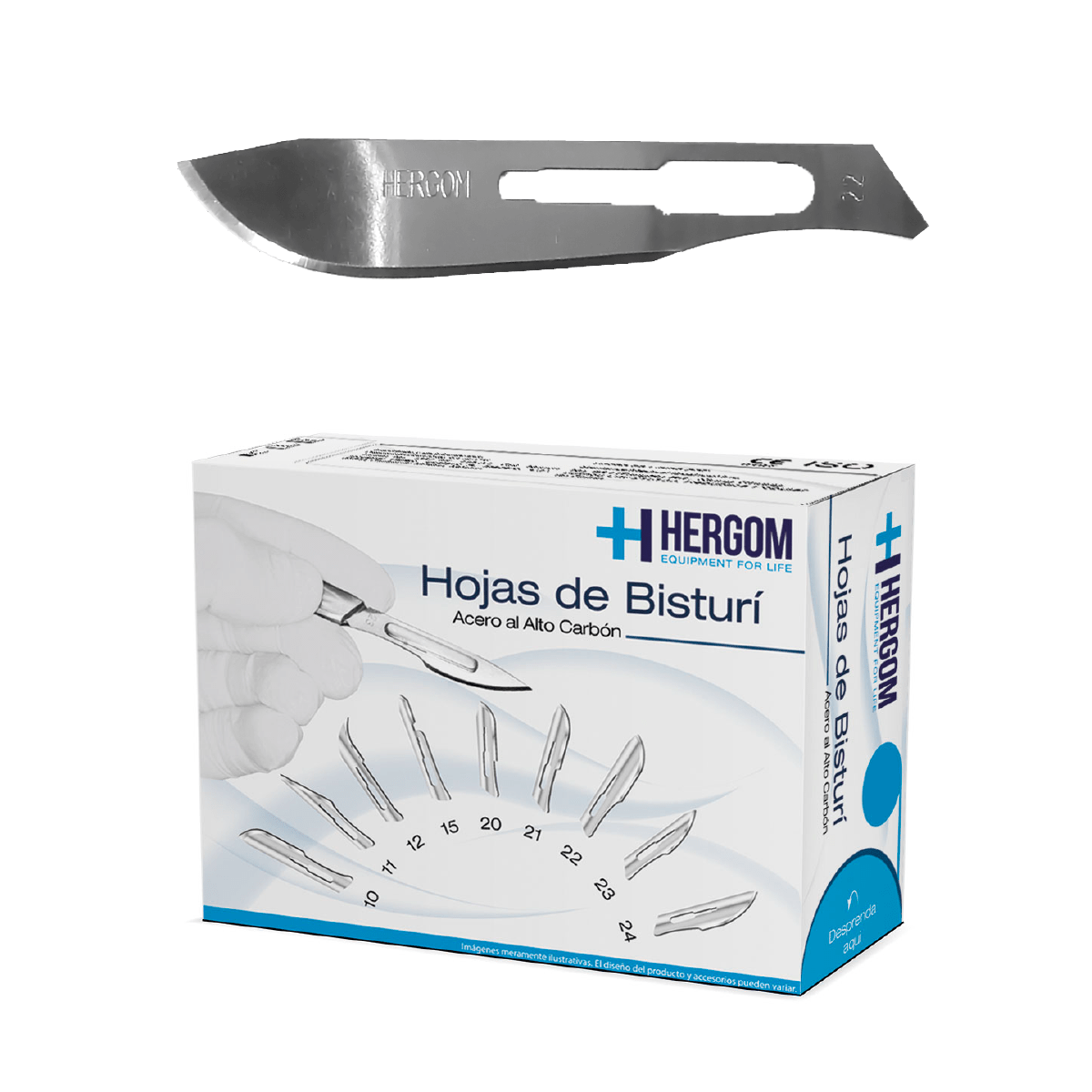 Caja Hergom de hojas de bisturí de alto carbón nº 22, 100 piezas, hoja estampada 22 sobre blanco