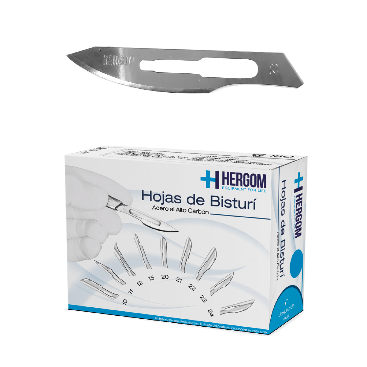 Caja Hergom de hojas de bisturí de alto carbón nº 23, 100 piezas, hoja estampada 23 sobre blanco