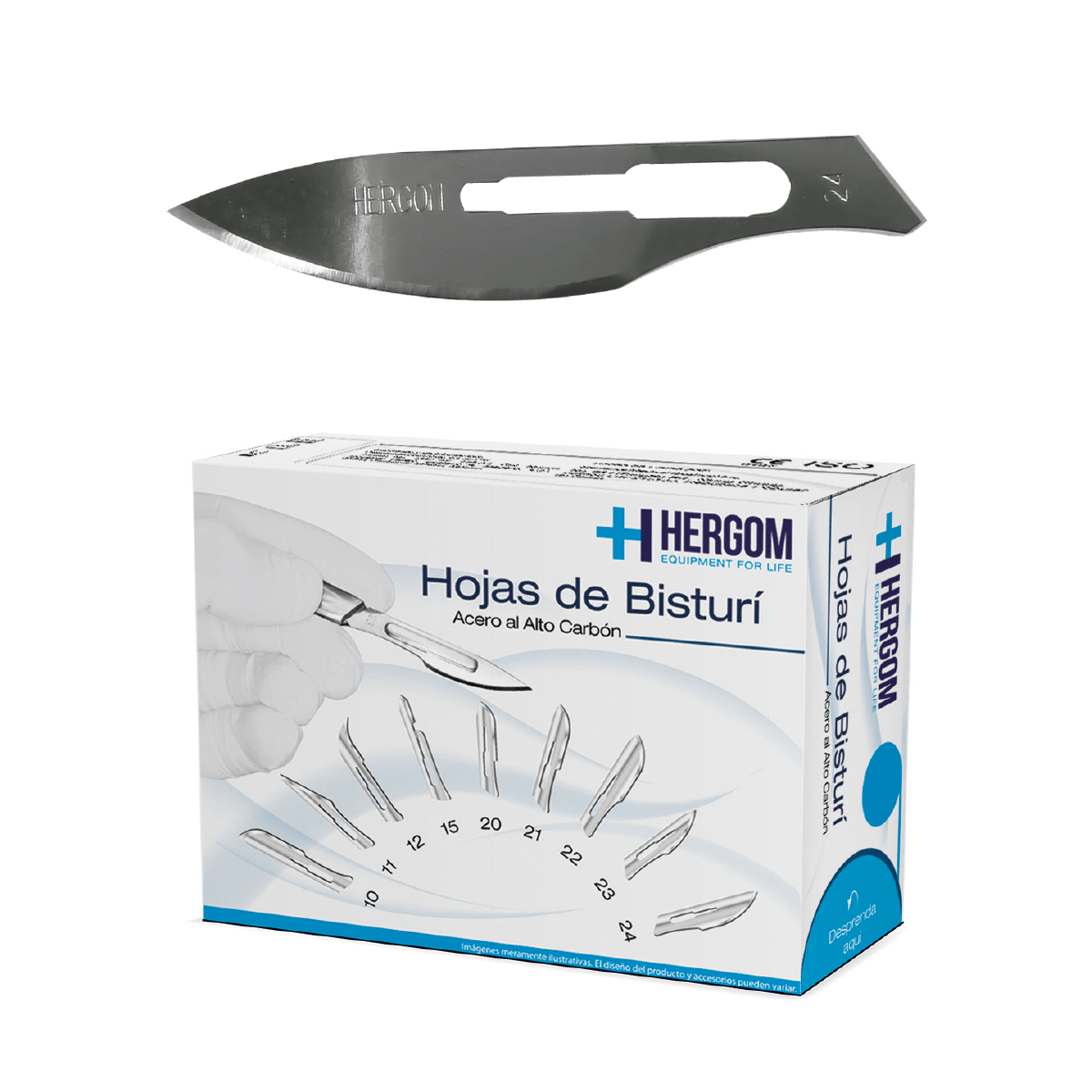 Caja Hergom de hojas de bisturí de alto carbón nº 24, 100 piezas, hoja estampada 24 sobre blanco