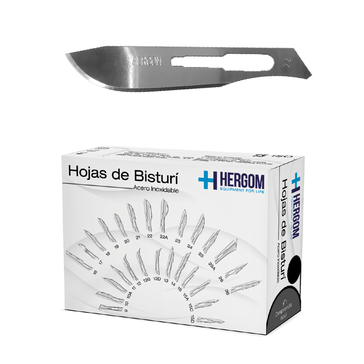 Caja Hergom de hojas de bisturí de acero inoxidable nº 22, 100 piezas, hoja estampada 22 sobre blanco
