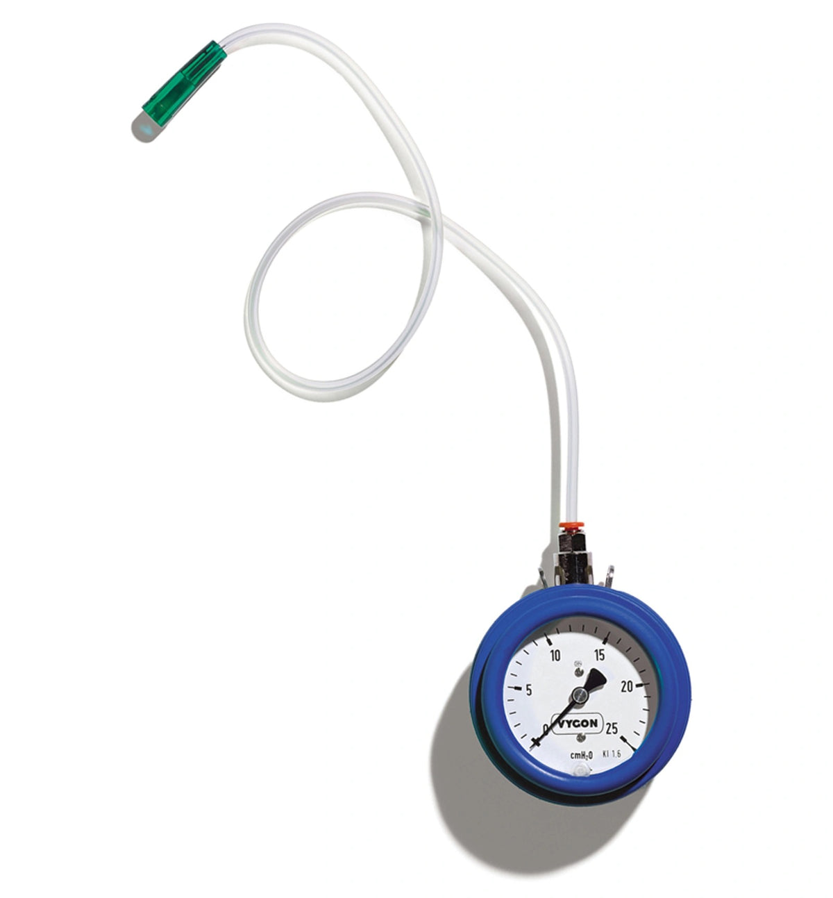Manómetro Vygon 527.01 para CPAP Boussignac, escala 0–25 cm H2O, funda azul de poliuretano y tubo de conexión sobre blanco