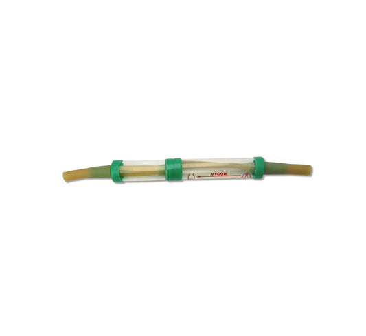 Vygon 668.00: válvula Heimlich de dos cámaras en PUR flexible, manguito anti-reflujo y flecha de orientación, sobre blanco