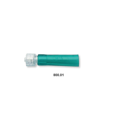 Vygon conector Luer-Lock REF 800.01: embudo verde de PVC y conector macho Luer-Lock de ABS, sobre fondo blanco