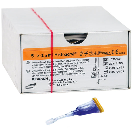 Caja de B. Braun Histoacryl Blue 1050052 con 5 ampolletas de 0.5 ml y una ampolleta de adhesivo tisular azul