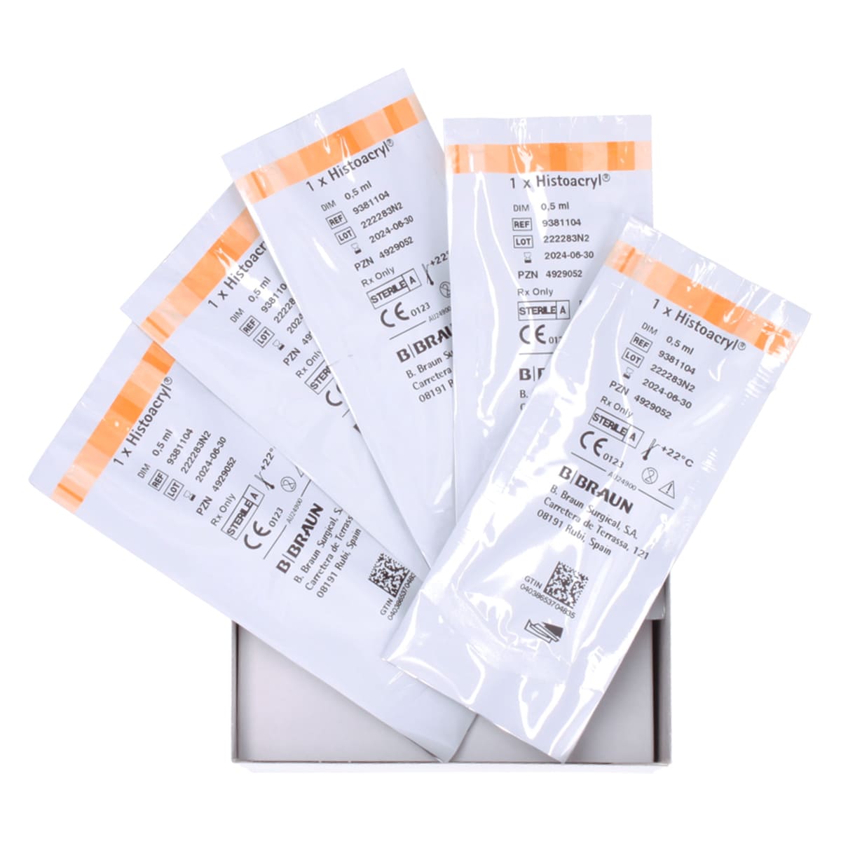 Los 5 sobres estériles individuales de Histoacryl Blue 0.5 ml dentro de su caja B. Braun