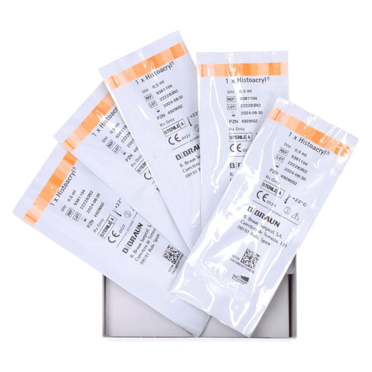 Los 5 sobres estériles individuales de Histoacryl Blue 0.5 ml dentro de su caja B. Braun